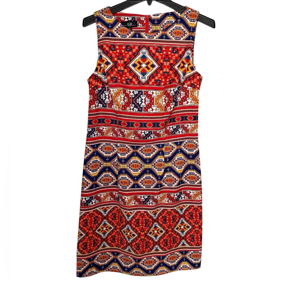 AGB Red and Blue Geometric Midi Dress |Size 8